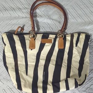 Dooney & Bourke Black and Cream Striped Tote with Tan Leather Handles